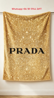 Prada Gold Glitter Logo Print Flannel Throw Blanket IMG_2786